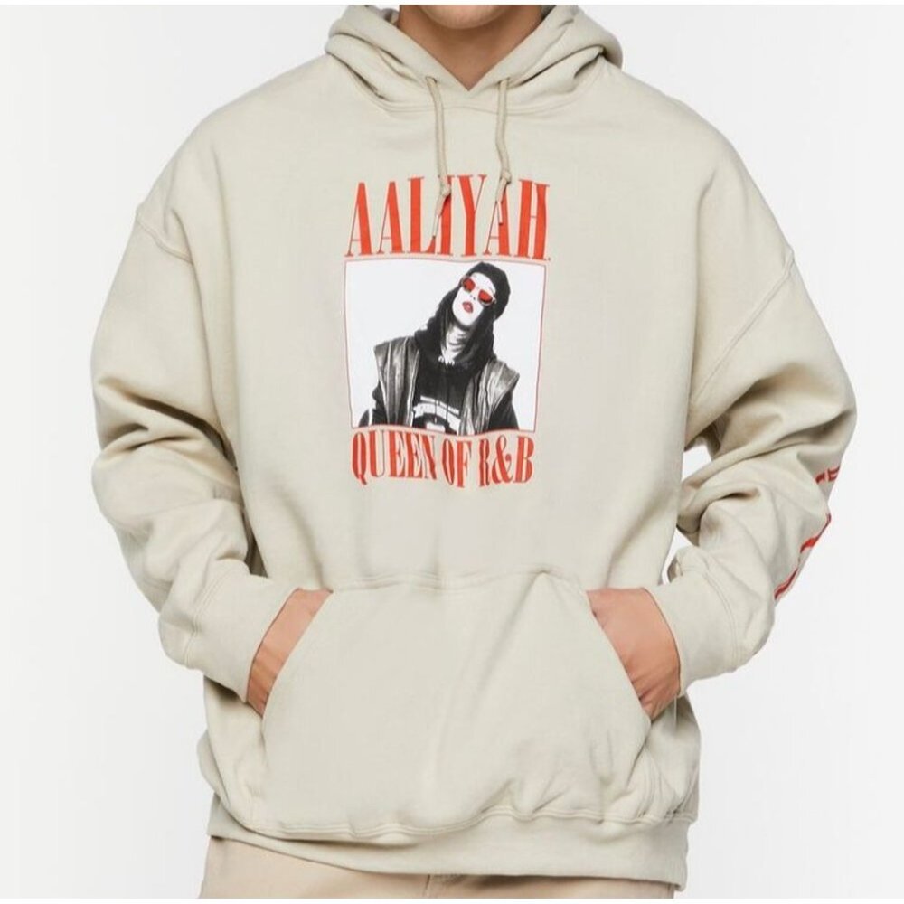 Aaliyah Graphic Drawstring Hoodie in Sand - Size Large